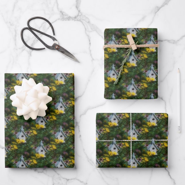 Blumengarten Birdhouse Natur Art Muster Geschenkpapier Set (Vorderseite)
