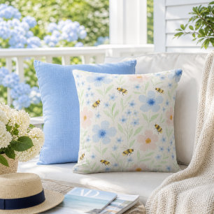 Blumengarten Blaue rosa Blumen mit Bienen  Kissen