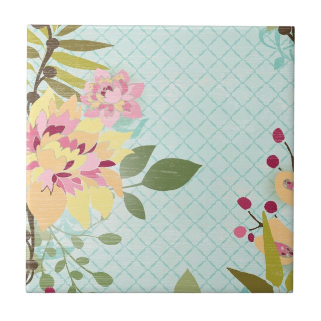 Blumengarten, blauer Hintergrund Fliese (Vorderseite)