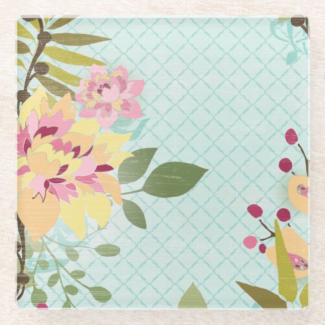 Blumengarten, blauer Hintergrund Glasuntersetzer (Vorderseite)