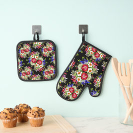 Blumengarten Blume Narcissus Foliage Rotes Blau Ofenhandschuh & Topflappen-Set