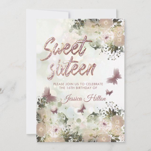 Blumengarten Butterfly 16 . Geburtstag Einladung (Vorderseite)