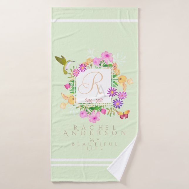 Blumengarten Grünes Monogramm Handtuch Badhandtuch Set (Badehandtuch)