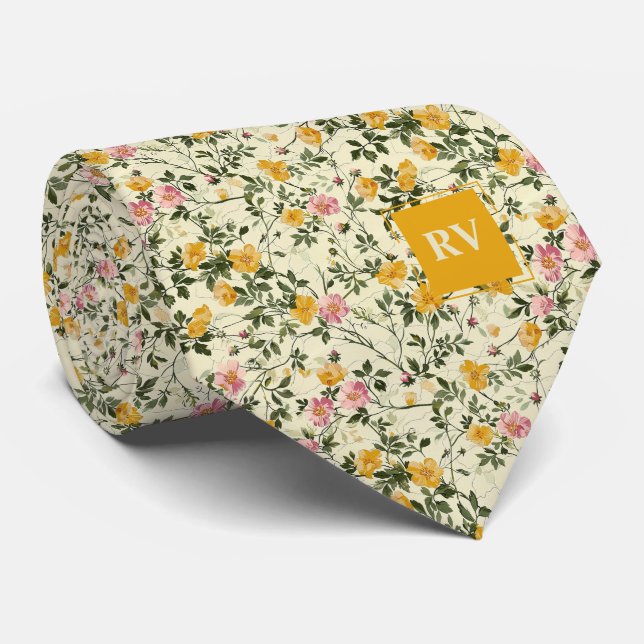 Blumengarten Mit Monogramm Necktie Krawatte (Gerollt)