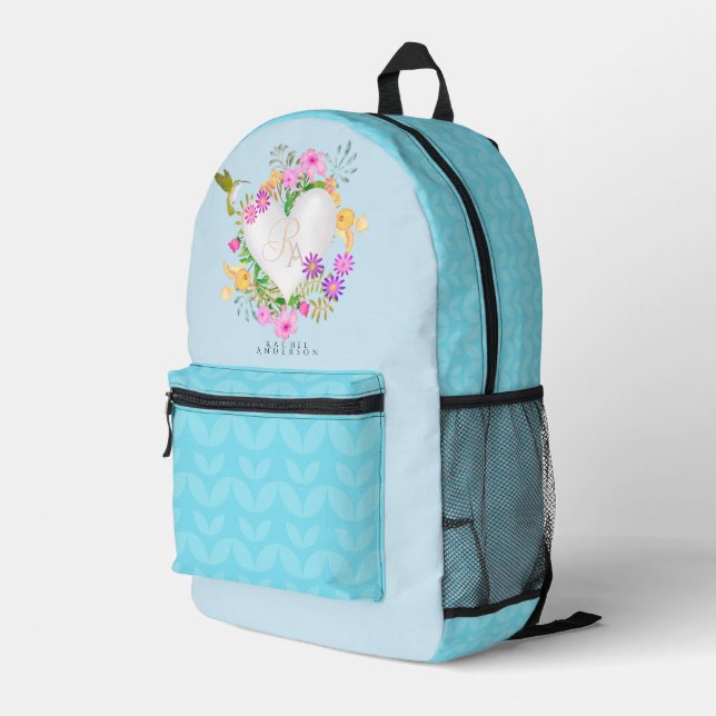 Blumengarten Monogram Blue Bedruckter Rucksack (Rückseitige Ecke Rechts)