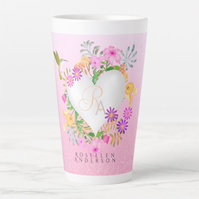 Blumengarten Monogramm Herzrosa Latte Tasse (Vorderseite)
