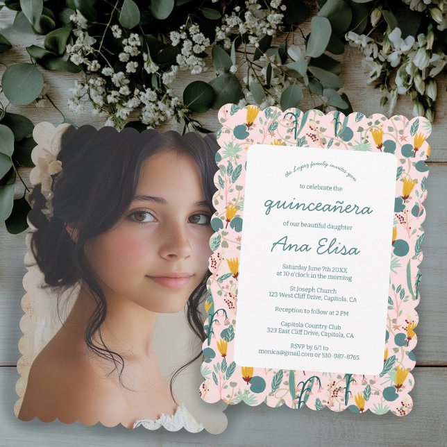 Blumengarten Muster FOTO Quinceañera Einladung (Floral Spring Garden Pattern PHOTO Quinceañera Invitation
)