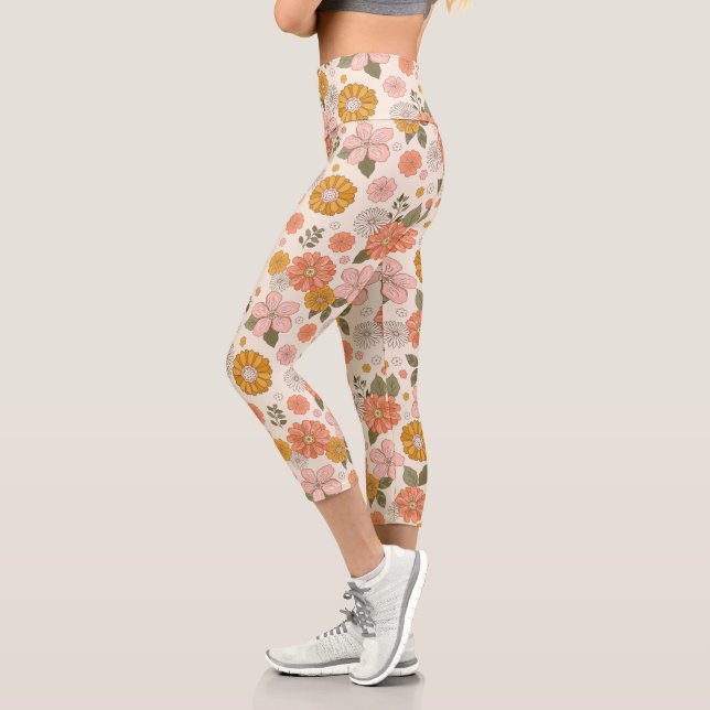 Blumengarten-Muster in Rosa und Orange Capri Leggings (Links)