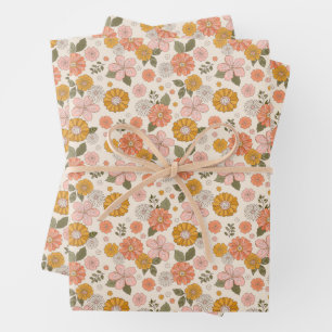 Blumengarten-Muster in Rosa und Orange Geschenkpapier Set