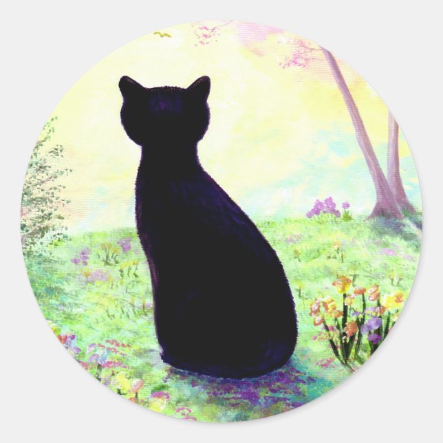 Blumengarten Schwarzer Katze Runder Aufkleber (Vorderseite)