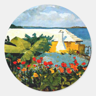 Blumengarten und Bungalow von Winslow Homer Runder Aufkleber