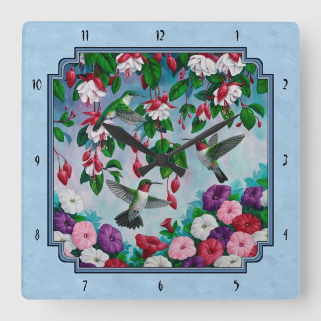 Blumengarten und Hummingbirds Blue Quadratische Wanduhr (Vorderseite)