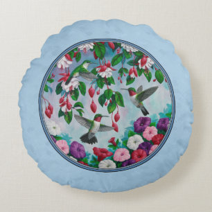Blumengarten und Hummingbirds Blue Rundes Kissen