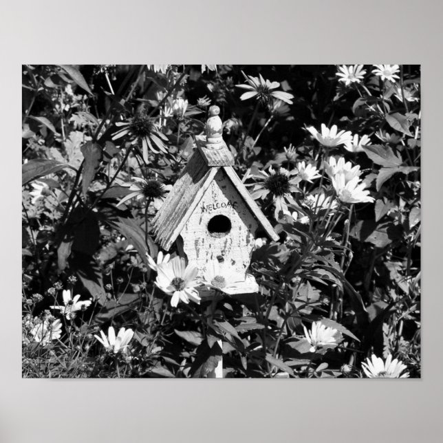 Blumengarten Vogelhaus Schwarz-Weiß Poster (Vorne)