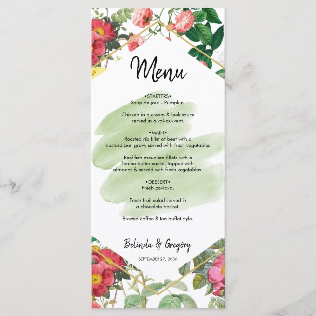 Blumengarten, Wasserfarbe & geometrische Hochzeit Menükarte (Vorderseite)