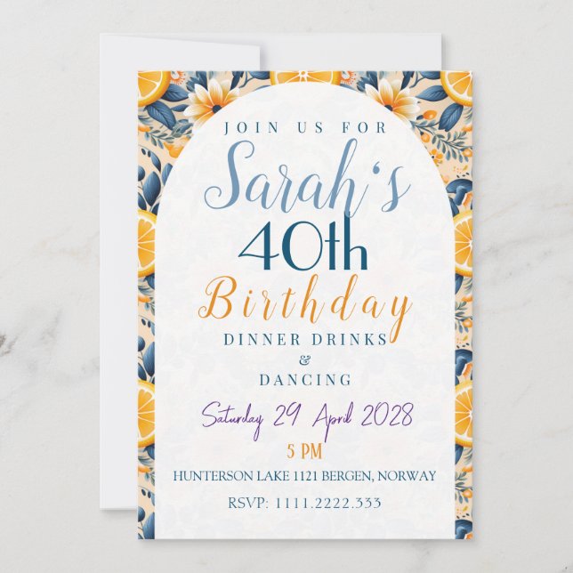 Blumengarten Zitrus Geburtstag Thema Einladung (Vorderseite)