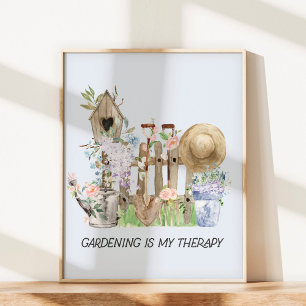 Blumengartenwerkzeuge und Angebot für Wasserfarben Poster