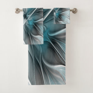 Blumengeflecht Moderne Abstrakte Blume Blau Grau Badhandtuch Set