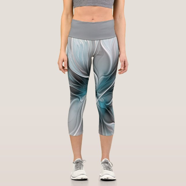 Blumengeflecht Moderne Abstrakte Blume Blau Grau Capri Leggings (Vorderseite)