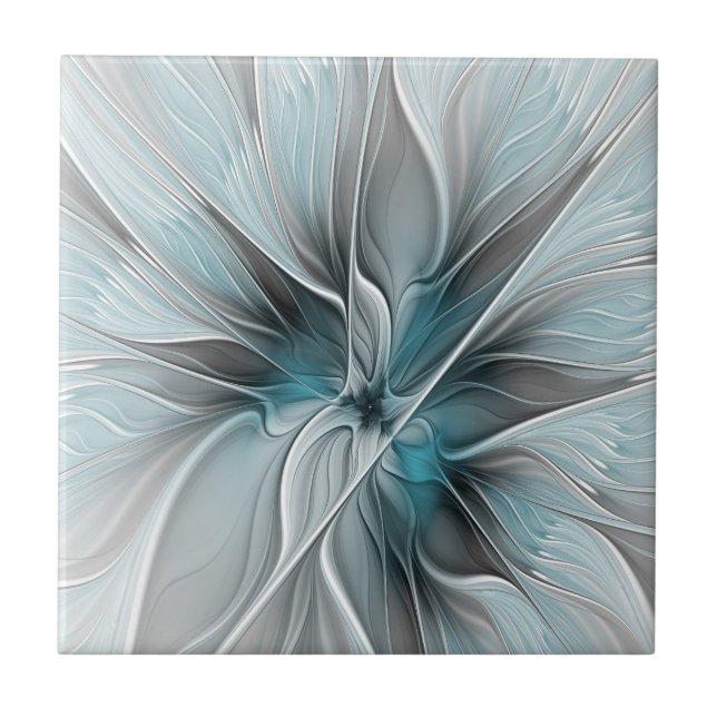 Blumengeflecht Moderne Abstrakte Blume Blau Grau Fliese (Vorderseite)