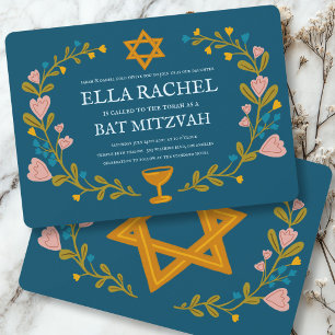 Blumengekränzte Bat-Mizwa-Handzeichnung individuel Einladung