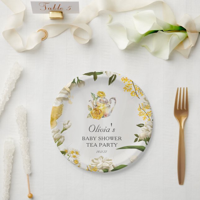 Blumengelb-grünes Tee Party Babyduschpapier Pappteller (Hochzeit)