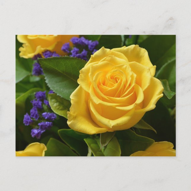 Blumengelbe Rosen und violette Blumen Hallo Liebe Postkarte (Vorderseite)