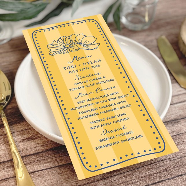 Blumengelber Streifen Blaue Botanische Hochzeit Menükarte (Von Creator hochgeladen)