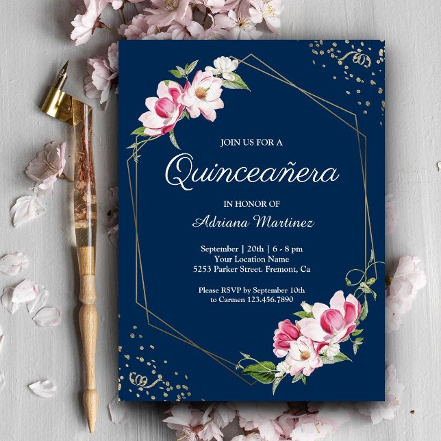 Blumengeometrie Navy Blue Quinceanera Einladung (Von Creator hochgeladen)