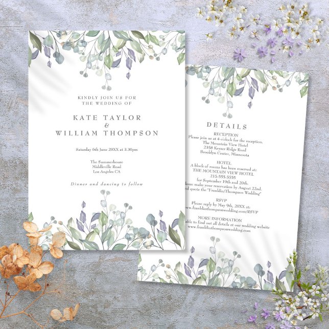 Blumengeschirr Lilac Grün in einer Hochzeit Einladung (Floral Sage Lilac Greenery All In One Wedding Invitation)
