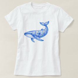 Blumengestaltetes blaues Wal-Keramik-Kunsthandwerk T-Shirt