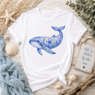 Blumengestaltetes blaues Wal-Keramik-Kunsthandwerk T-Shirt