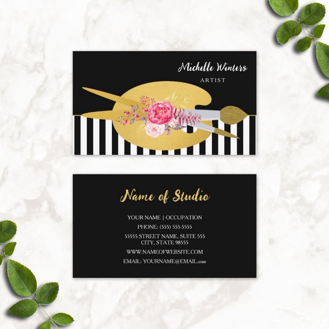 Blumengestelle mit Imitate Gold Pinsel Visitenkarte (Floral Stripes Artist With Faux Gold Paint Brush Business Cards)