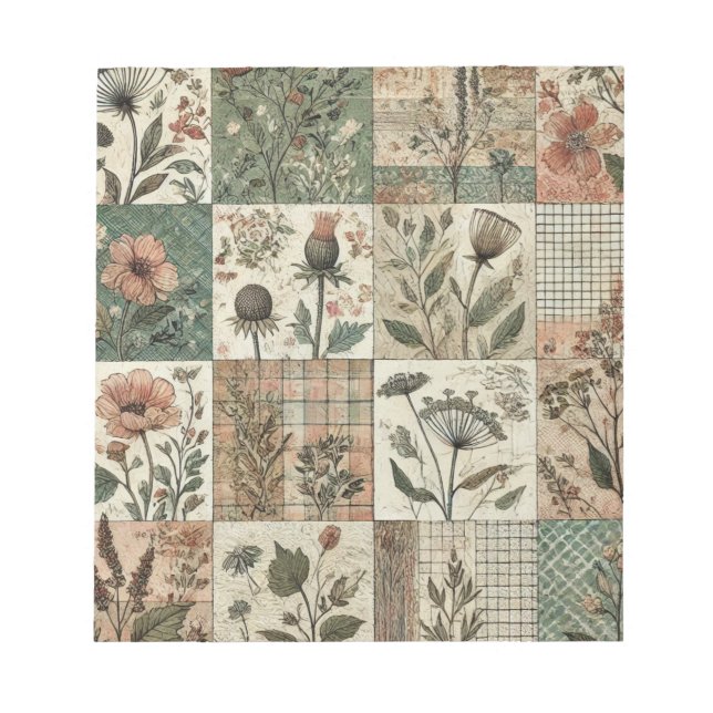 Blumengestepptes Blumenmuster mit grünem Rosa Notizblock (Vorderseite)