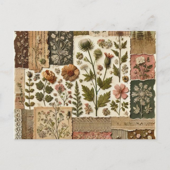 Blumengestepptes Blumenmuster mit grünem Rosa Postkarte (Vorderseite)