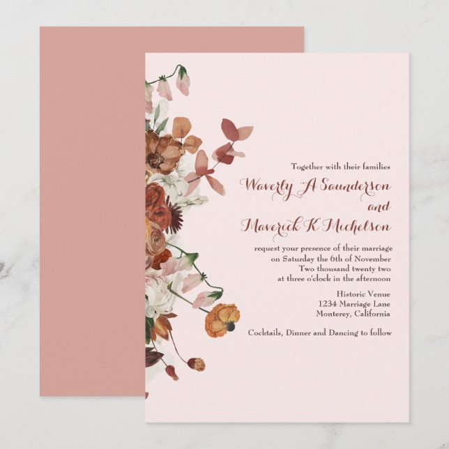 Blumengewässer Burnt Orange Dusty Rose Hochzeit Einladung (Vorne/Hinten)