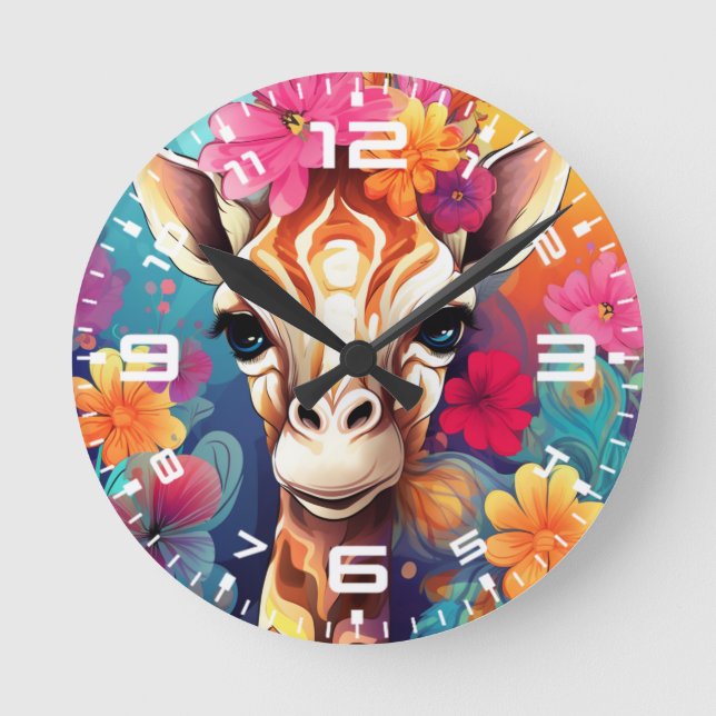 Blumengiraffe Portrait-9320 Runde Wanduhr (Vorderseite)