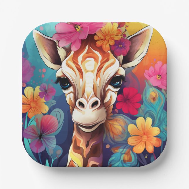 Blumengiraffe Portrait-9321 Pappteller (Vorderseite)