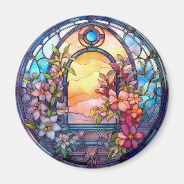 Blumengirlande mit Sonnenuntergang Faux-Buntglas Magnet
