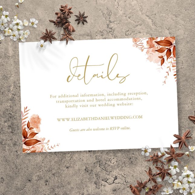 Blumengläser Herbst Gold Hochzeitsdetails Begleitkarte (Floral Autumn Fall Gold Wedding Details Enclosure Card)