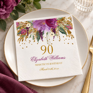 Blumenglitter Funkelnder Amethyst 90. Geburtstag Serviette