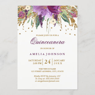 Blumenglitter funkelnder Amethyst Quinceanera Einladung