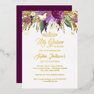 Blumenglitter Funkelnder Amethyst Quinceanera Folieneinladung