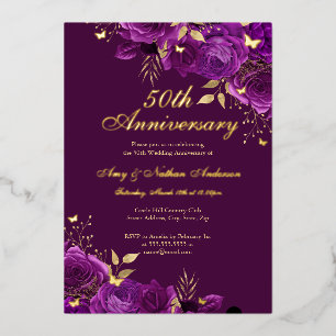 Blumengold 50. Hochzeitstag Lila Folieneinladung