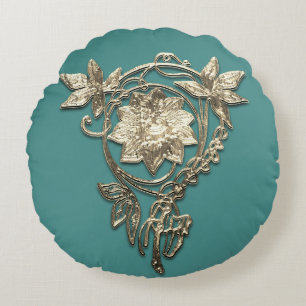 Blumengold im Jugendstil und aquamarin grün Rundes Kissen