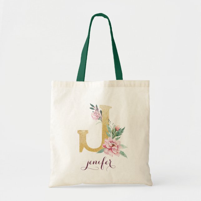 Blumengoldgrün Lila Personalisierte Monogramm Tragetasche (Vorne)