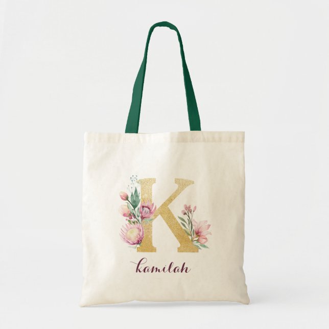 Blumengoldgrün Lila Personalisierte Monogramm Tragetasche (Vorne)