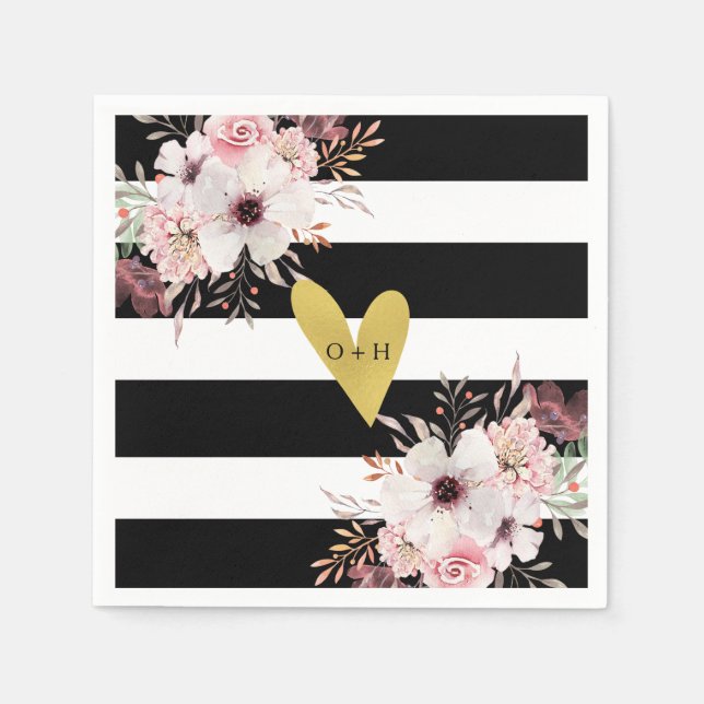 Blumengoldherz Schwarz-weiße Hochzeitspapier Napki Serviette (Vorderseite)