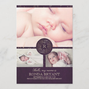 Blumengoldmonogramm-Vintage Baby-Foto-Geburt Ankündigung