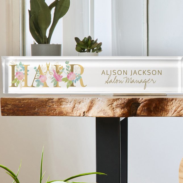 Blumengoldpink-Typografie Haarsalonmanager Namensplakette (Von Creator hochgeladen)